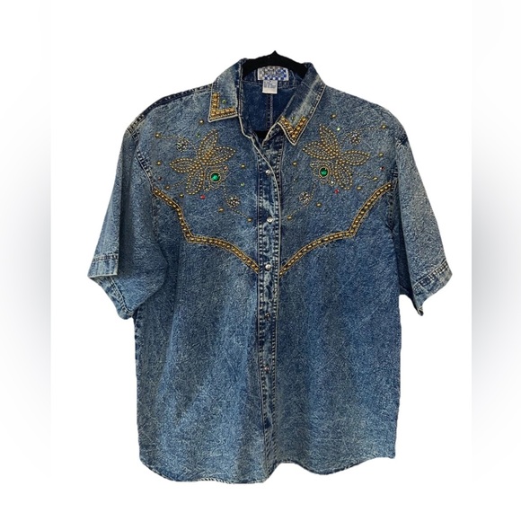 VTG 80’s Short Sleeve Acid Wash Denim Beaded & Embellished Button Up Shirt M - Picture 2 of 11